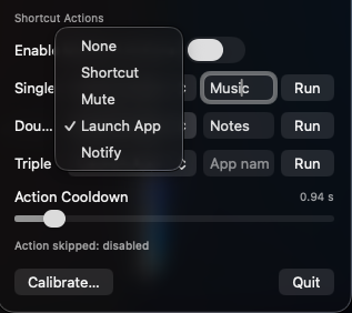 MacTouch action type dropdown opened