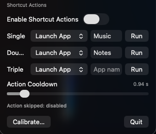 MacTouch shortcut actions section