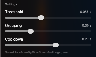 MacTouch threshold grouping and cooldown settings